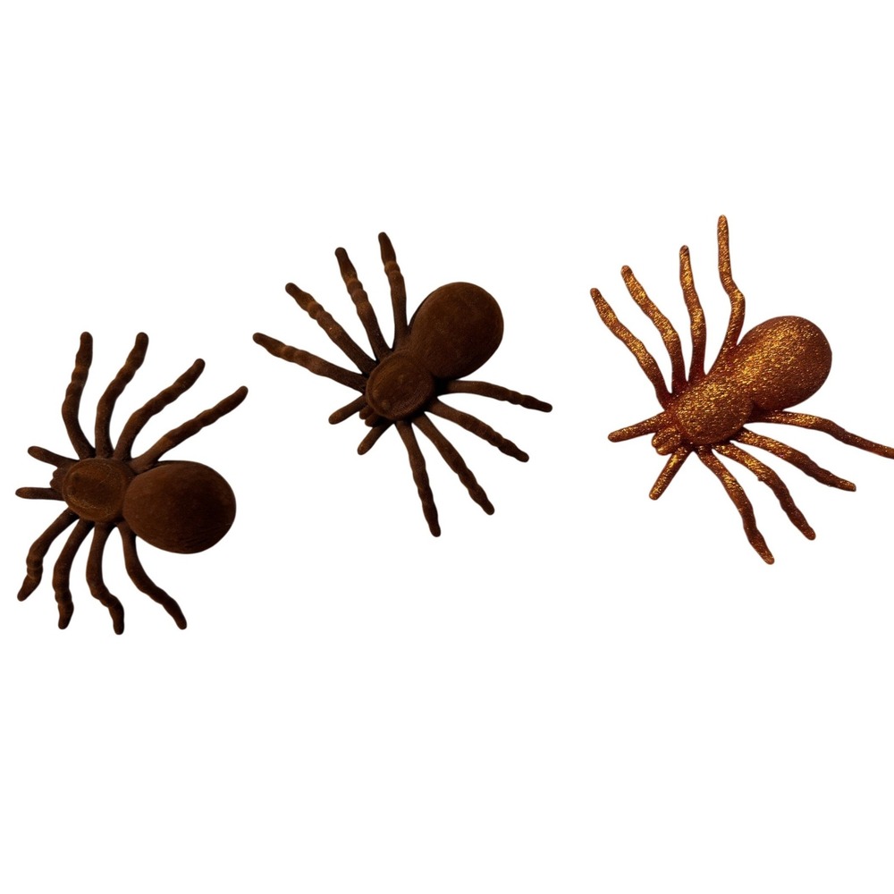 Halloween Spider Decor Set of 3 Brown Flocked Velvet and Orange Glitter Spiders